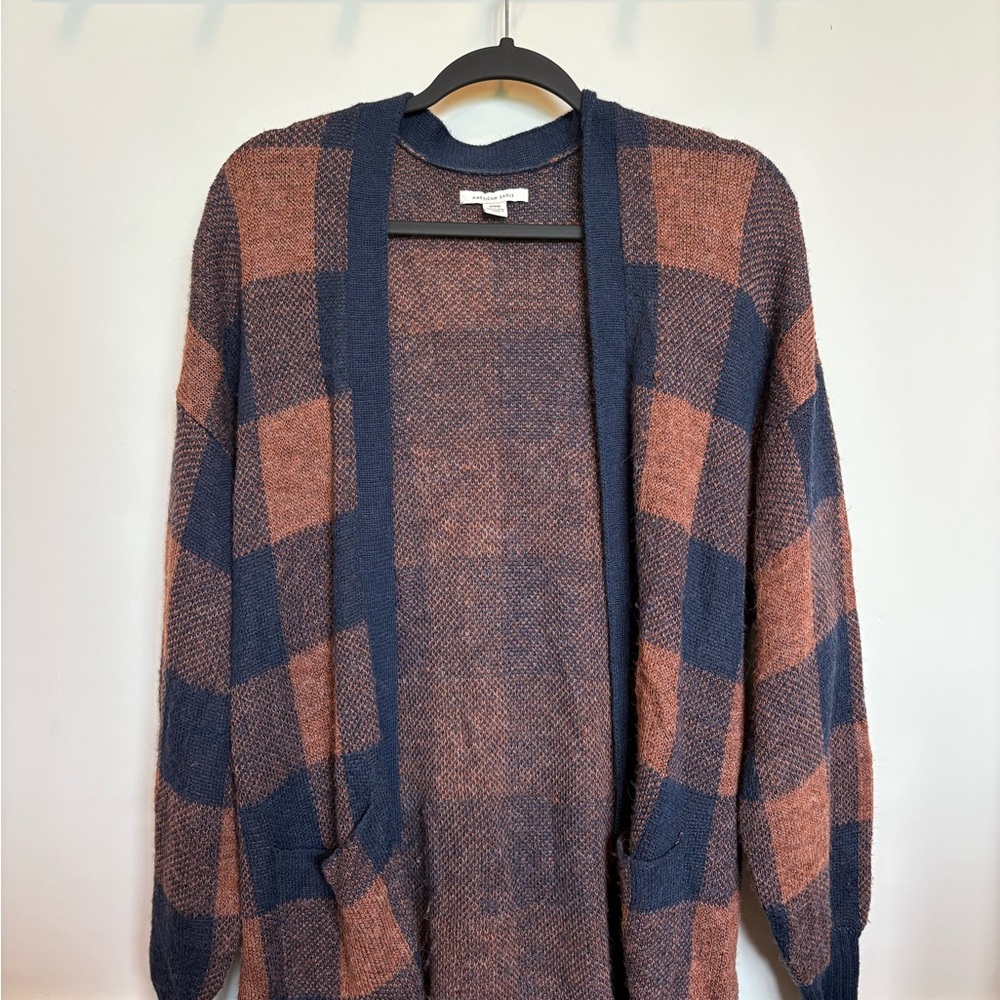 American Eagle Outfitters Navy and Rust Check Open-Front Women's Cardigan